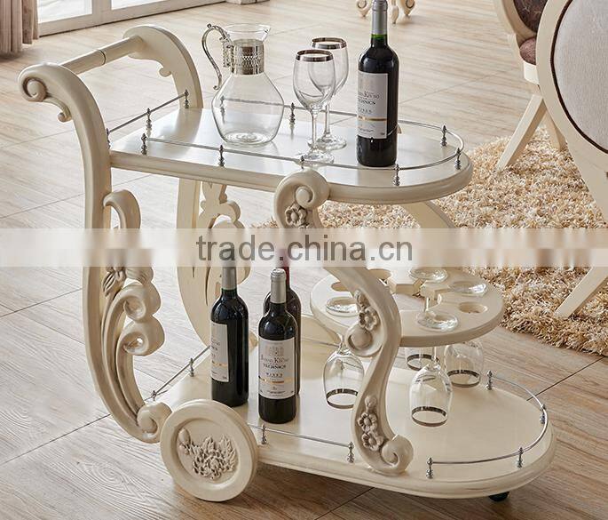 Ivory white color Solid wood hand carving dining trolley