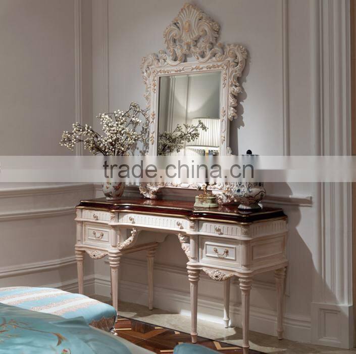 Luxury neoclassical style solid wood bedroom furniture white color dressing table with matching mirror