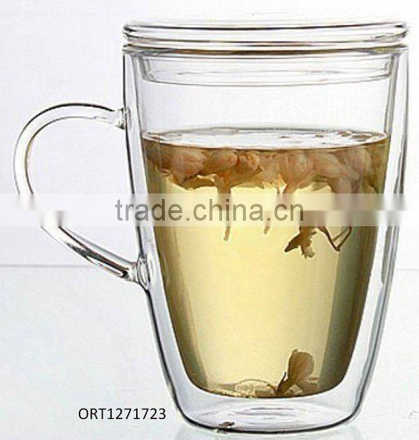 High Quality 350ml clear borosilicate glass tea cup with handle