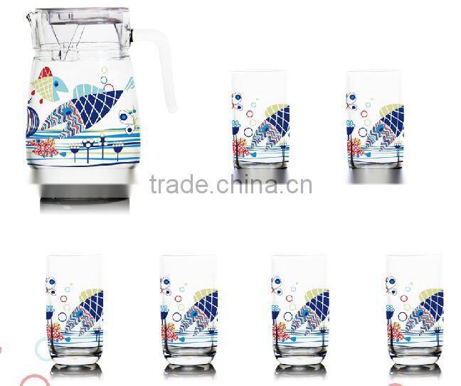 classic Glass water jug 1400ml fruit color printing glass jug set and water glass jug set and glass carafer and juice decanter