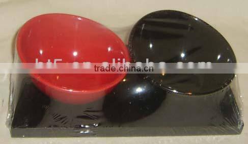 Set of 2 black and red stoneware snack serving set with ceramic tray