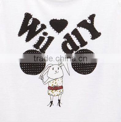 women printing puff sleeve t shirt with rivet/women fashion design t shirt