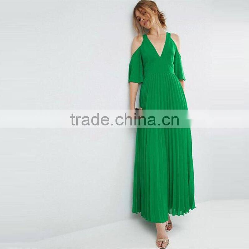 2017 Summer Women Pleated Dress Cold Shoulder Maxi Dress HSd9065
