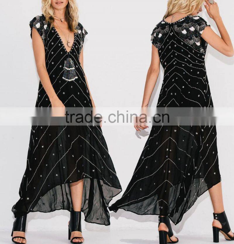Boho Clothing Chiffon Maxi Embroidered And Beaded Dress Ladies Fashion Dresses With Pictures 2016 HSD5815