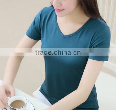 2016 Latest Summer Women Solid Color Heart-shaped Collar Modal Slim Base Short Sleeve T-shirt