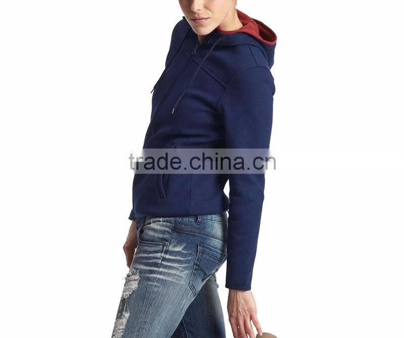 wholesale100% cotton fleece fashion women plain hoodies blank high quality zipper hoodie