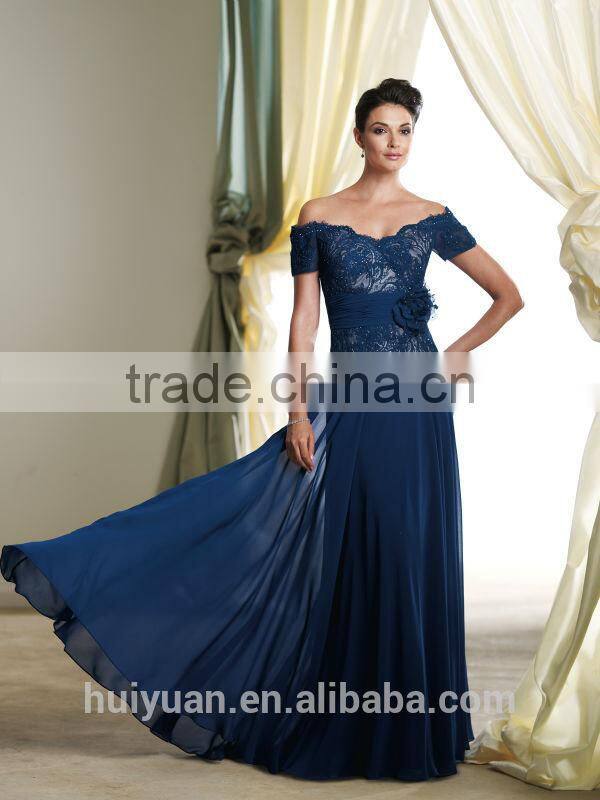 one piece long lace cap sleeve chiffon evening blue women dress