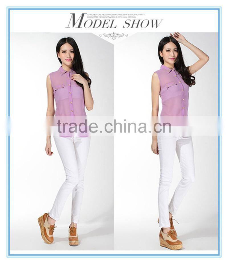 2016 New Fashion Women See Through Chiffon Purple Puffy Vest