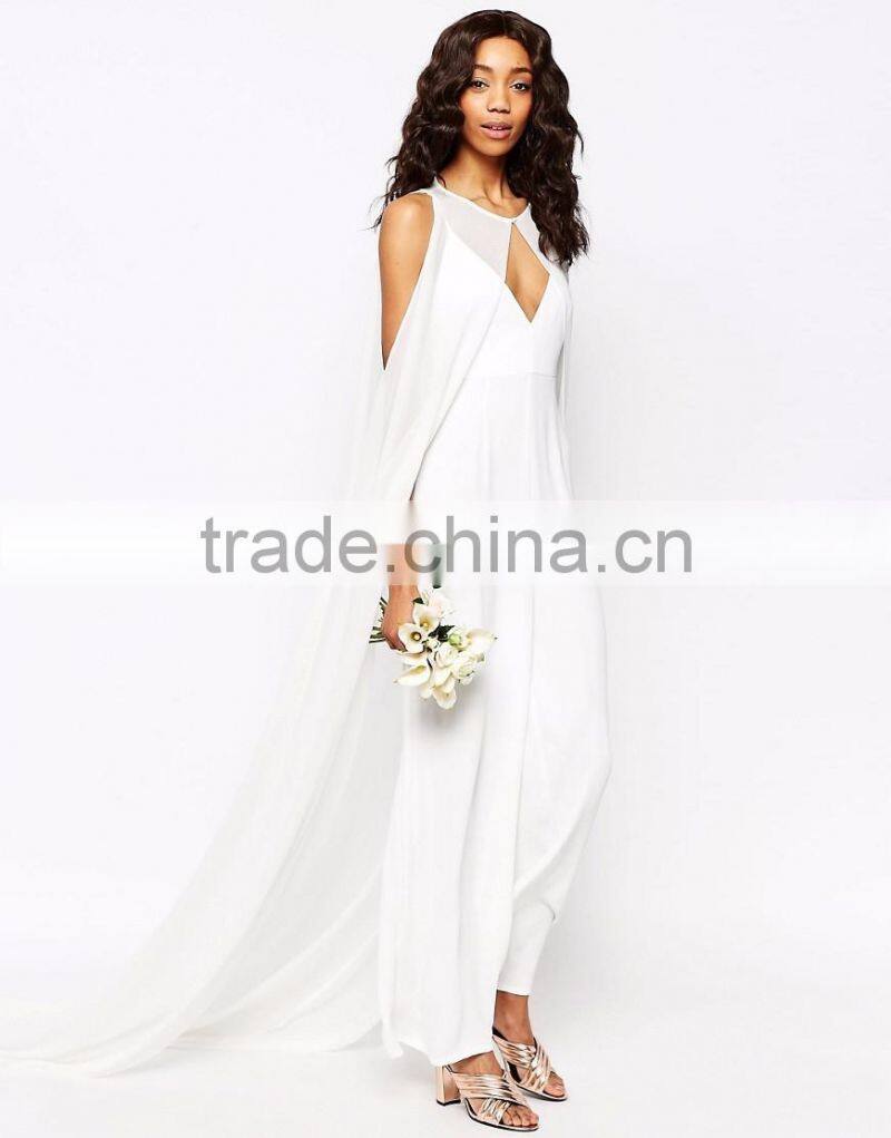 New Arrival Bridal Jumpsuit With Detachable Cape Deep V Neck Maxi Dress White Elegant Slip Dress