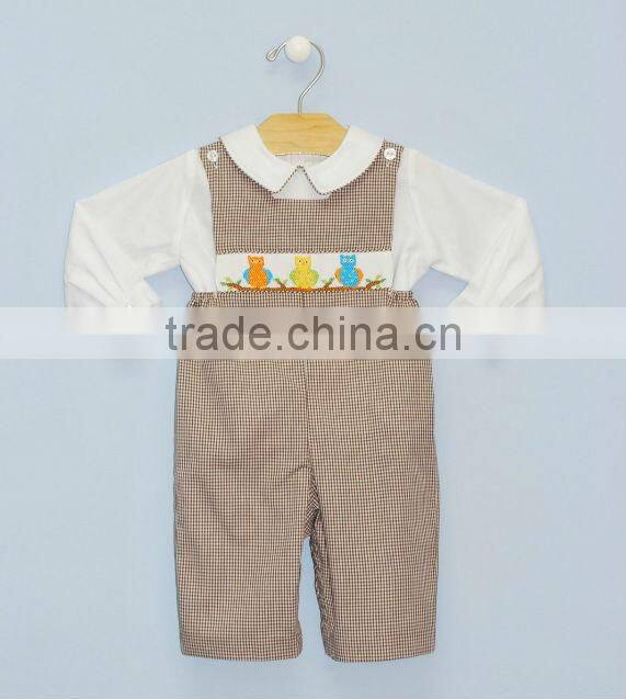 Baby Boys Brown Gingham Smocked Owl Longall