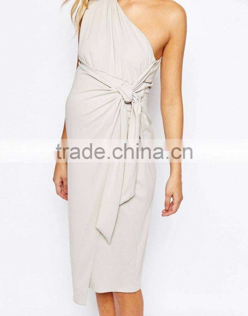 Fashion Maternity Drape Knot Front One Shoulder Midi Pencil Pregnant Party Dress