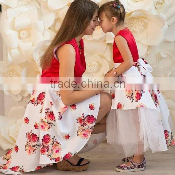 Red Floral Print Mother And Daughter Family Look Maxi Size Baby Tutu Dress Long Dress