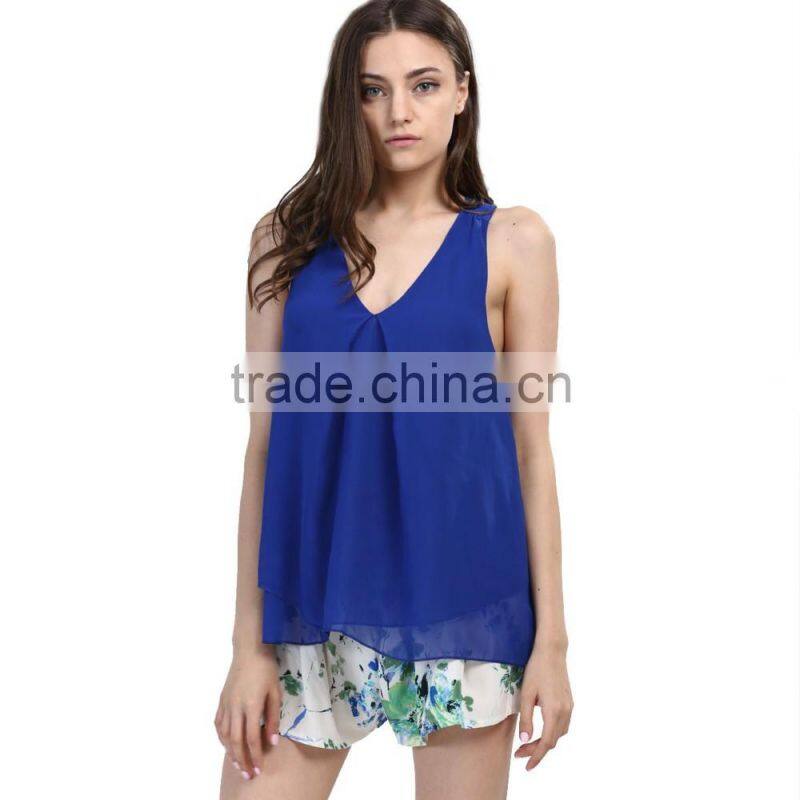 Fashion Summer Deep V Neck Chiffon Sleeveless Woman Blouse For Sale