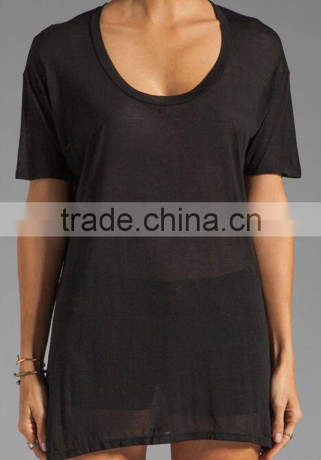 Modal Viscose Blend Loose Scoop Black Tee Shirts Wholesale