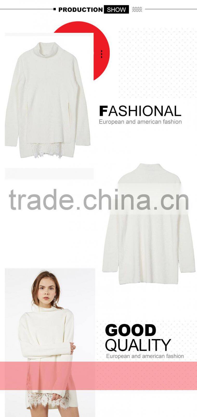 Women's autumn fitted lace bottom long knittting turtleneck sweater tops with lowest price