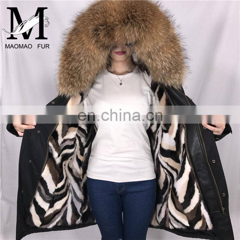 High Quality Short Military Woman Real Fur Parka Genuine Raccoon Fur Hood with Mink Fur Lining Coat
