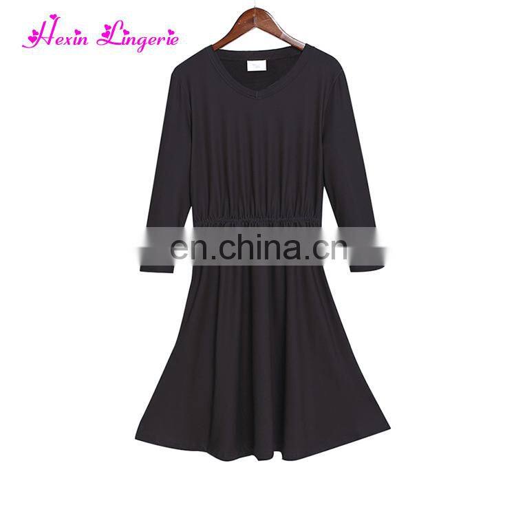2017 New Design Women V Neck Black Loose Soft Ladies Dresses