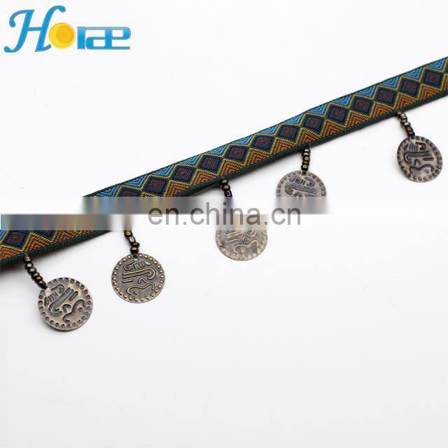 Wholesale 4cm width multicolor beaded tassel trim tassel coin fringe trim