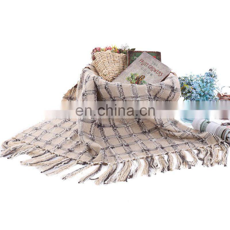 100%Acrylic Thick Beige Woven Check Pattern South Korean Style Blanket