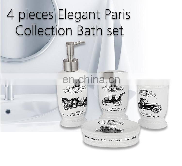 Contemporary art decal 4 pcs ceramic bathroom set accessories toilet brush accessories set