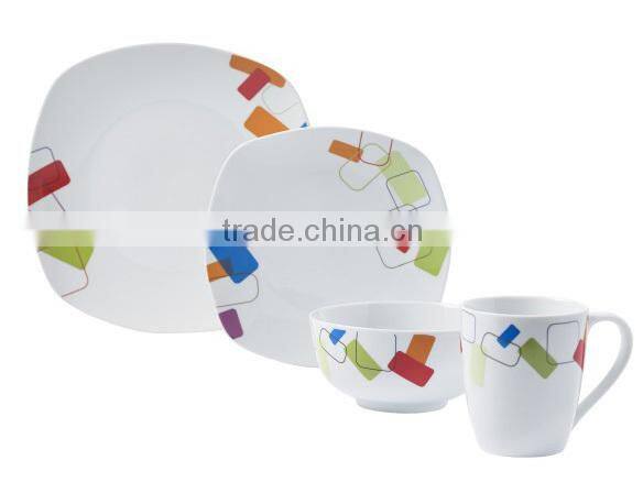 unbreakable square shape dinner plate set with cheap price porcelain square shape dinner set with decal
