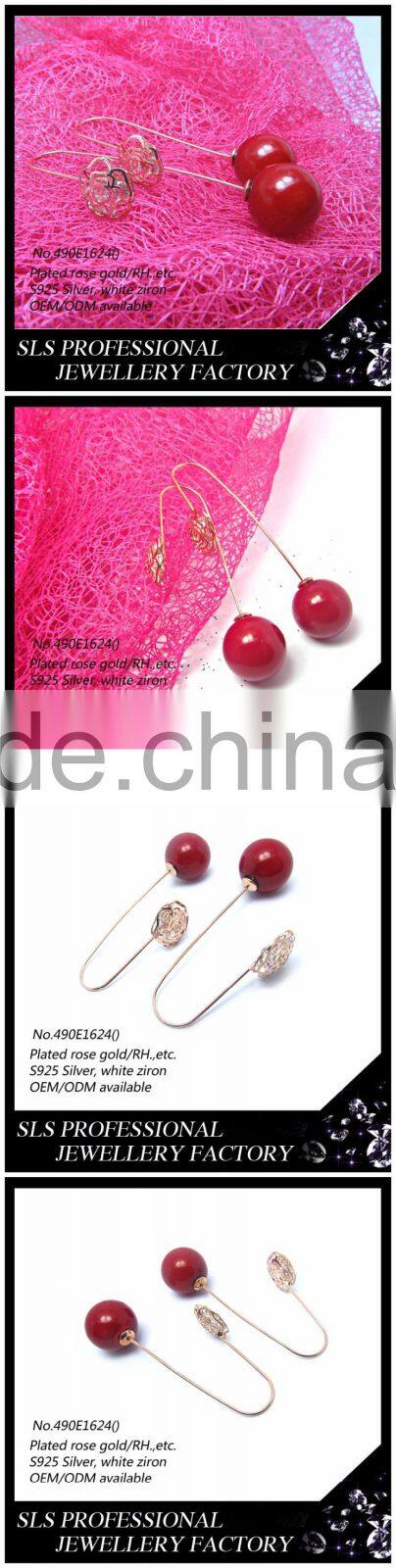 2015 Fashion winter latest design 925 sterling silver yellow gold plate red seed double sides pearl earrings for ladies