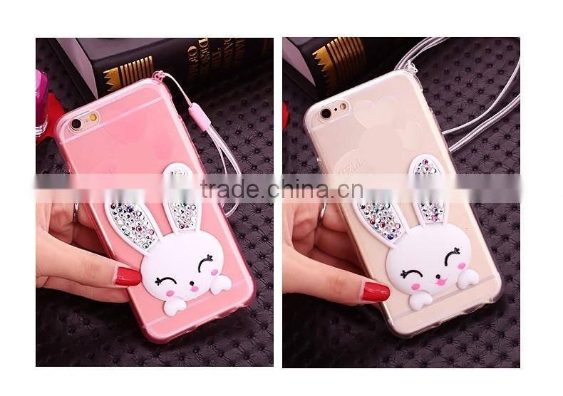 TPU Rhinestone Silicone Strap with Bracket Rabbit Fur Ball Case for iPhone 6S/6Plus