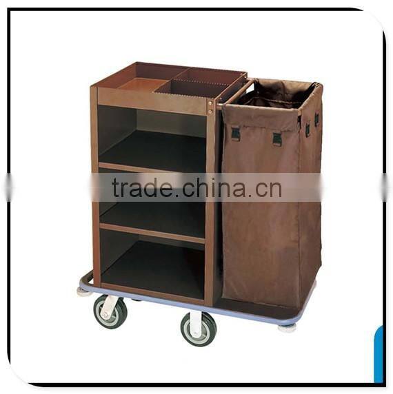 stainless steel like wood brown color hotel guest room service cart high quality cleaning trolley sign bag