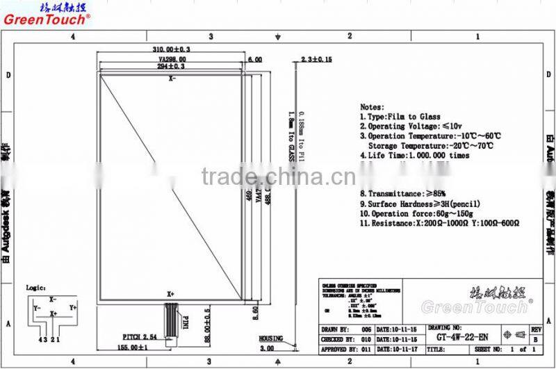 Green Touch 22" 4 Wire resistive Touch Screen Panel