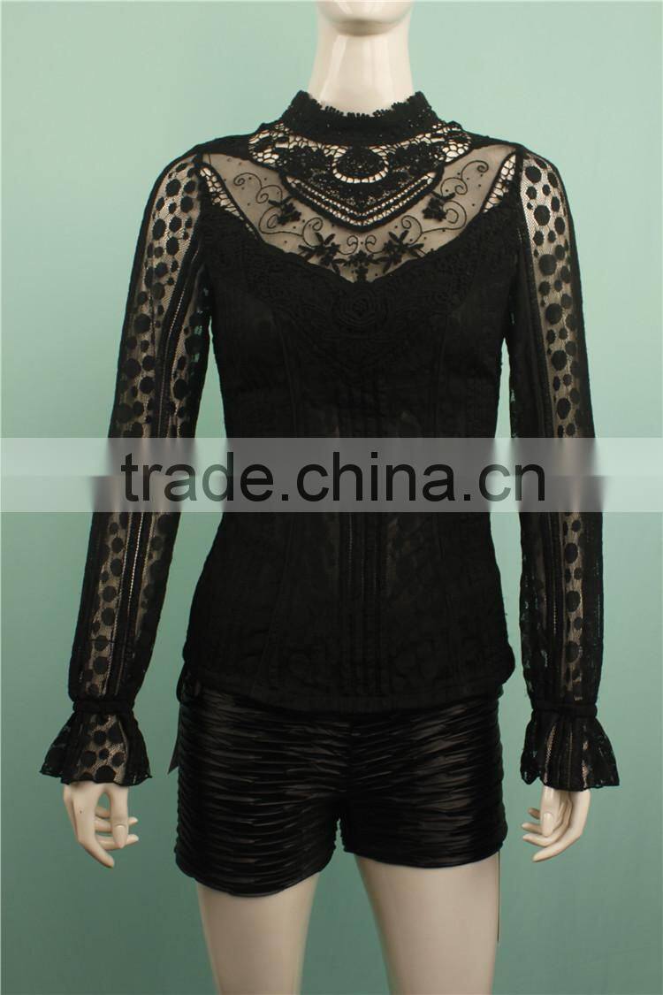 2016 A/W black color women long sleeve blouse