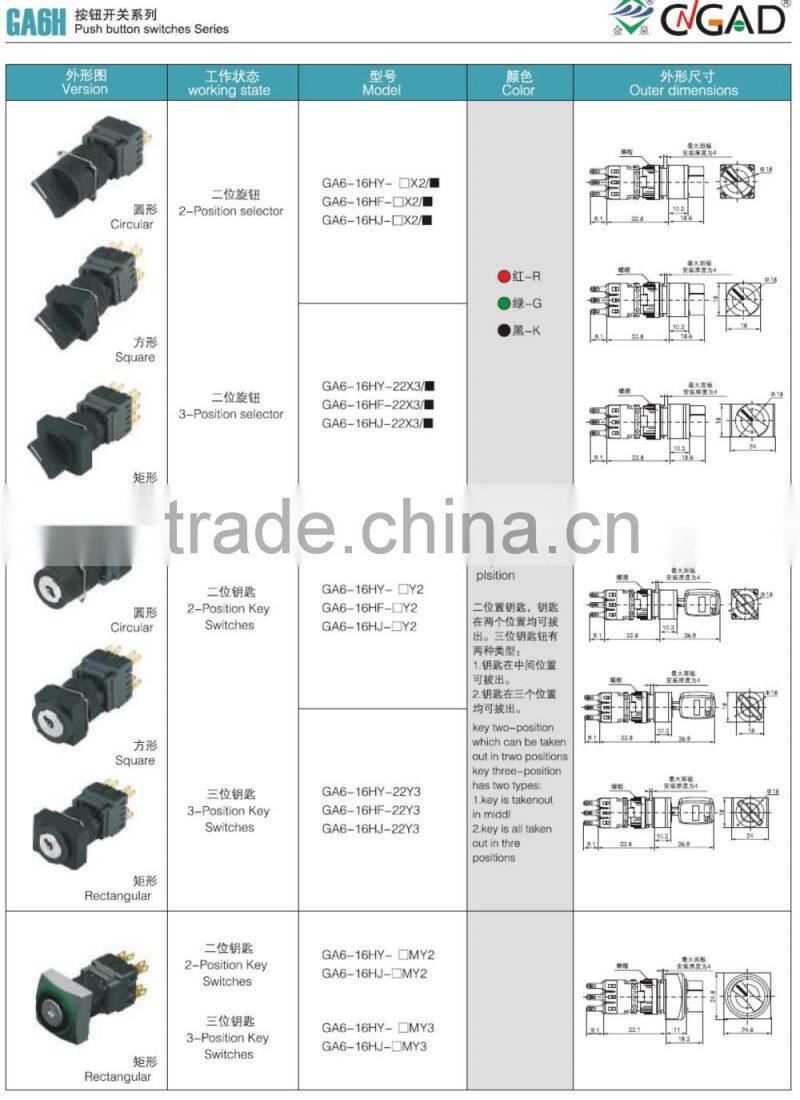 GA6-16AF-22D CNGAD 16mm rectangular maintained illuminate push button switch