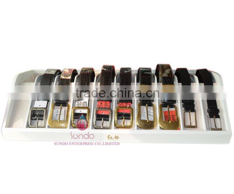 custom white lacquered wood belt display