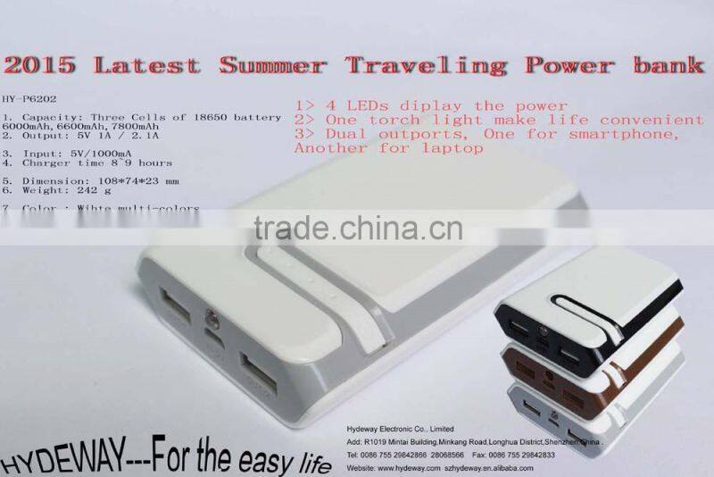 2015 innovative hot new product portable travel dual outports power bank 6000/6600/7800mah CE/FCC/Rohs battery