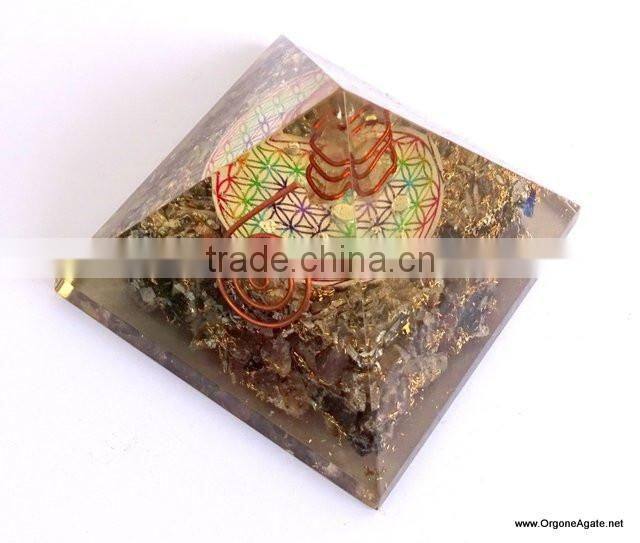 Big Orgone Energy Blue Aventurine Pyramid With Flower Of Life Symbol And Crystal Point | Flower Of Life Pyramid