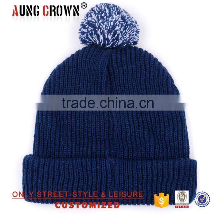 acrylic embroidered mens knit beanie pom pom hat