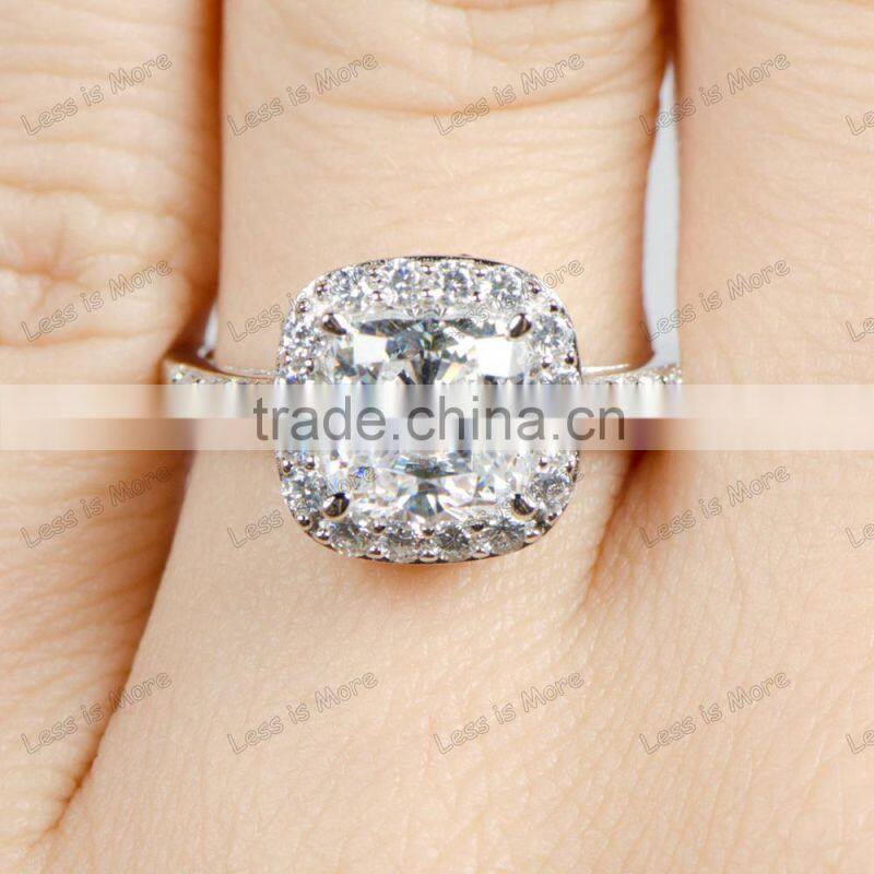 Silver CZ Halo Cushion Cut Engagement Ring with 8mm,10mm big cz or crystal stone