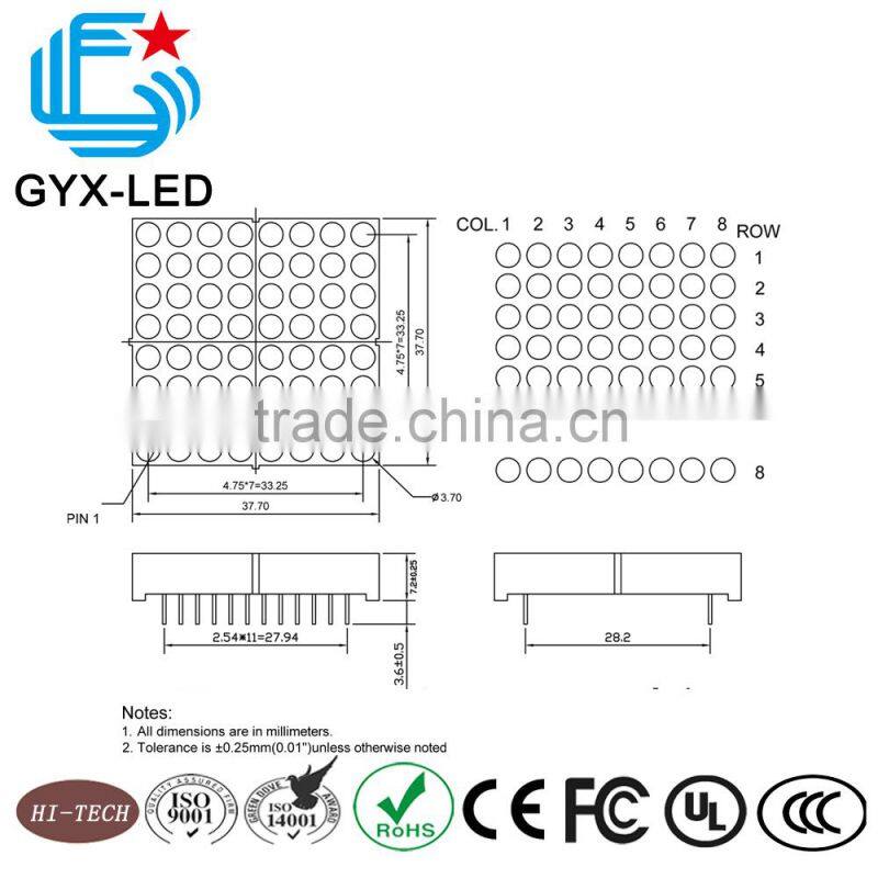 high reliability amber emitting color 1.5 inch 38mm 4.75 mm pitch 8*8 LED dot matrix display