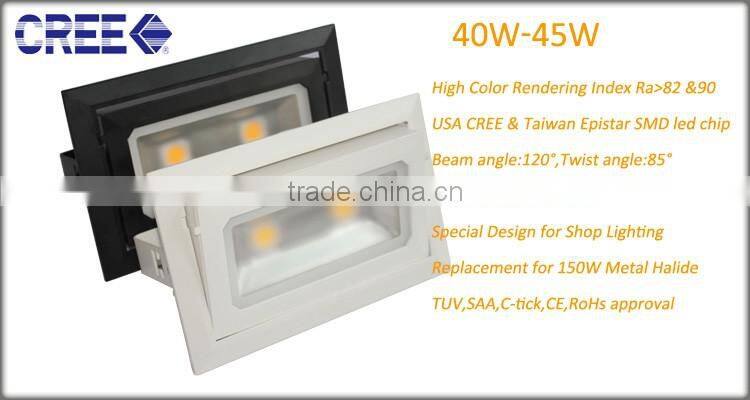40W LED shopfitter, rectangular adjustable COB LED shop light Ceiling Recessed Downlight