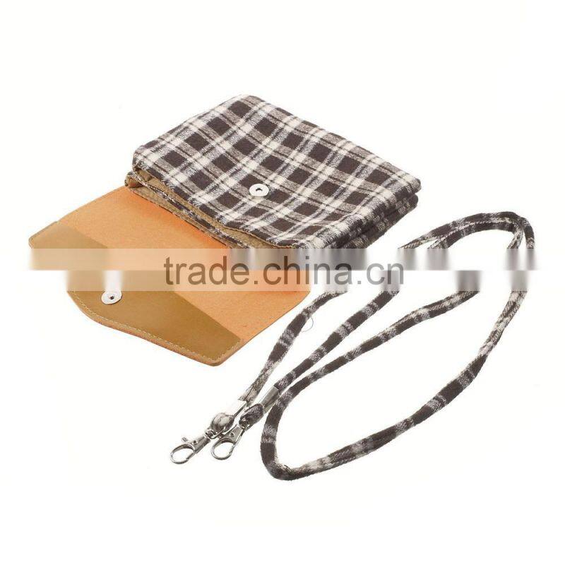 Check Pattern Lint and Leather Hybrid Bag for Smart Phones with Strap Size: 19 x 12cm(L x W)