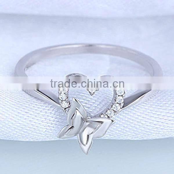 Wholesale zircon heart design bowknot design 925 sterling silver rings