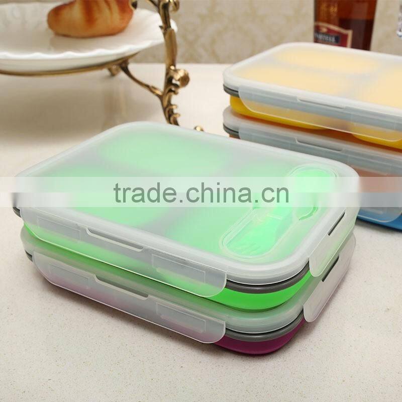 Collapsible silicone lunch box with serving tool/square shape foldable silicone lunch box