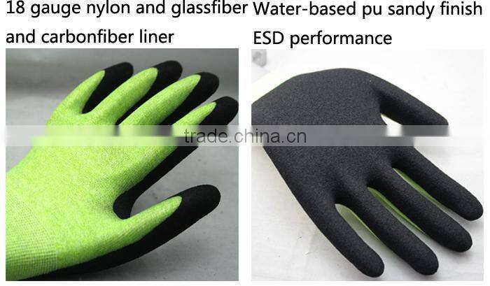 NMSAFETY 18 gauge new ESD glove sandy pu coated HPPE cut resistant glove