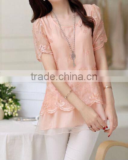 Embroidery lace chiffon round neck t- shirt with short sleeves