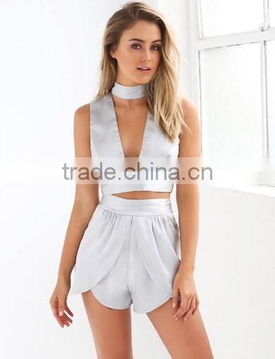 Satin Women Fashion New Style Sexy Two Piece Sets 2016 Wholesale Ladies Elegant Grey Fashion Sets