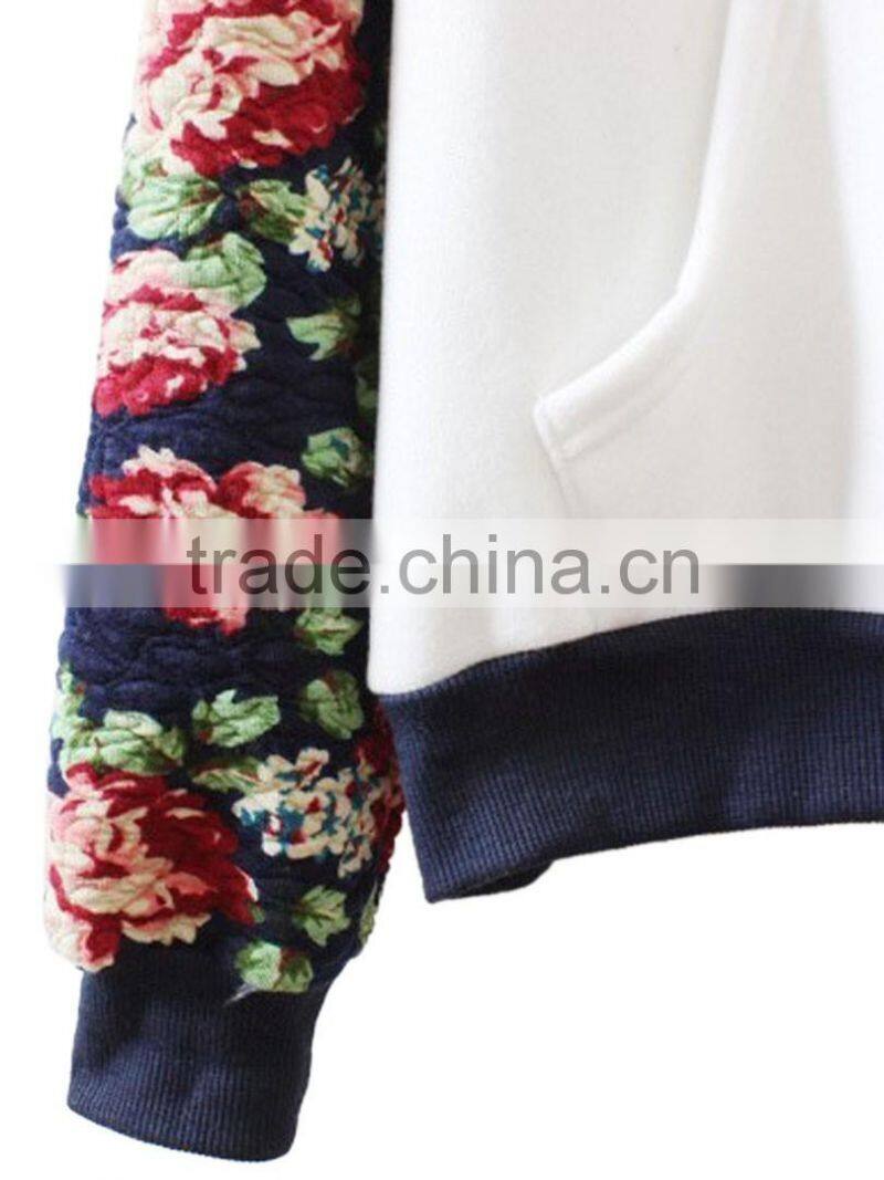 Women White Floral Long Sleeve Drawstring Hoodie