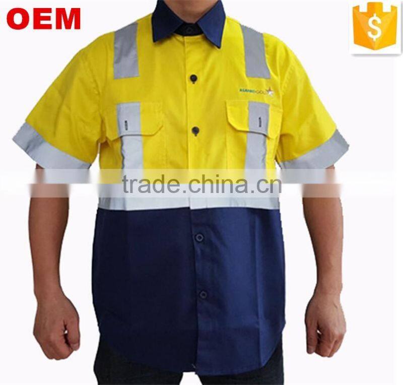 OEM Mining Workwear Uniform Mens Button-front Yellow Cotton Twill Work Shirt with Hi Vis Tapes