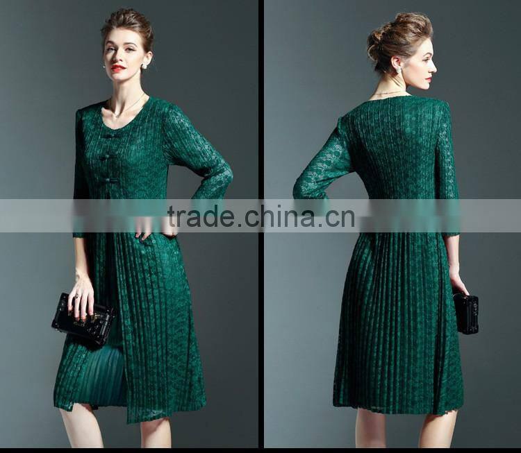 Chinoiserie ladies pleat fake two pieces lace spliced dress