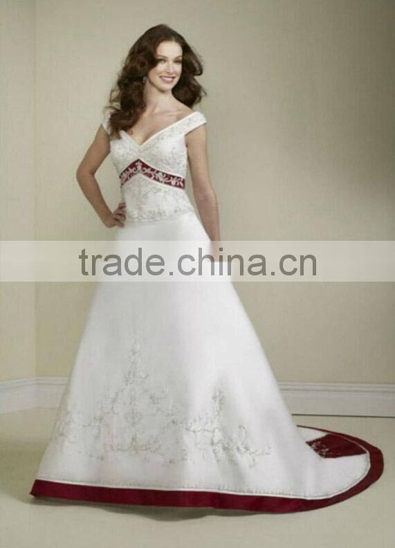 satin deep v neck long train red white wedding dress