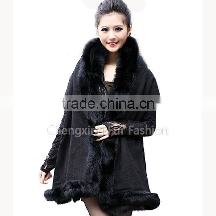 CX-B-P-25E Factory Wholesale Women Pashmina Cashmere Fur Trim Cape
