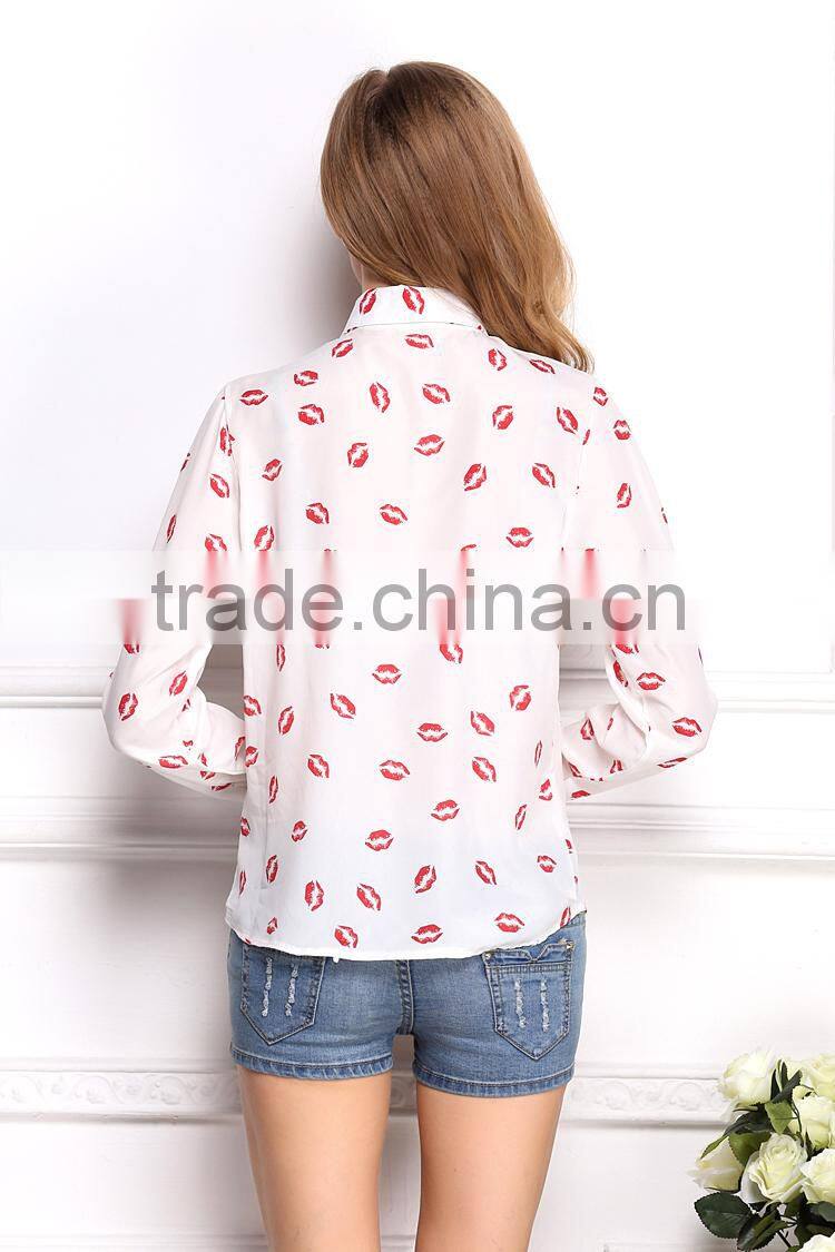 2015 Newest Hot sell Best summer fashion Lip prints t shirt ladies blouse designs women shirt with long sleeve